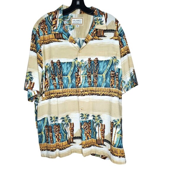 Rare Vintage Kalaheo XL Hawaiian Shirt – Tan Tiki Statue Graphic Short Sleeve - Picture 1 of 12